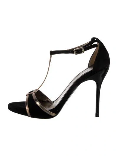 Pre-owned Lanvin Suede Leather Trim Embellishment T-strap Sandals In Black