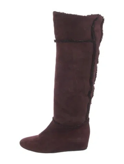 Pre-owned Lanvin Suede Raw-edge Trim Boots In Burgundy