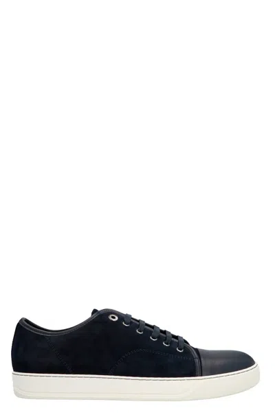 Lanvin Navy Blue Calf Suede Lace-up Sneakers In Black