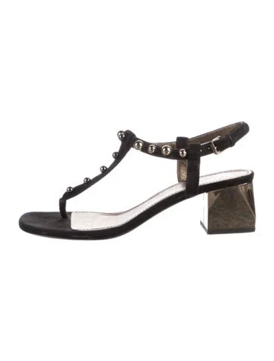 Pre-owned Lanvin Suede Studded Accents T-strap Sandals In Black