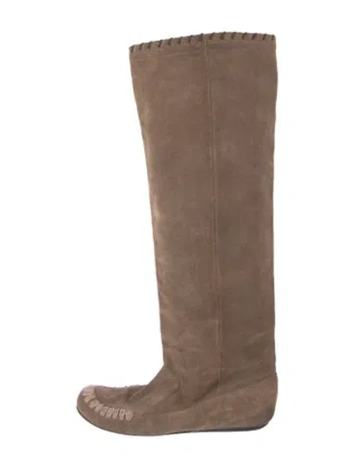 Pre-owned Lanvin Suede Whipstitch Trim Boots In Brown