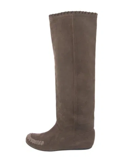 Pre-owned Lanvin Suede Whipstitch Trim Slouch Boots In Green