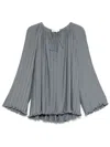 Lanvin Sleeved Pleated Ruffle V-neck Top In Steel