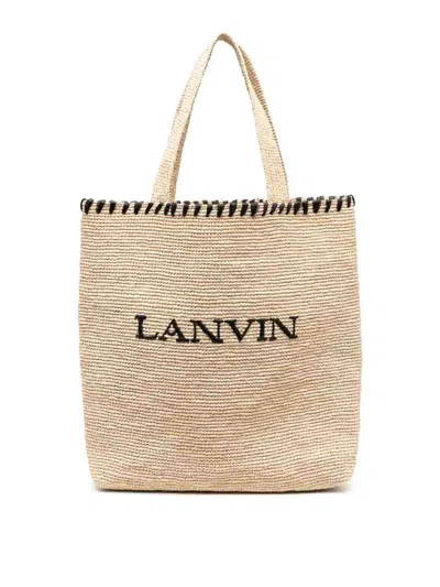 Lanvin Raffia Tote Bag Woven Texture In Blackwhite