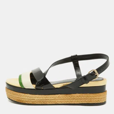 Pre-owned Lanvin Tricolor Patent And Leather Espadrille Platform Sandals Size 37 In Black