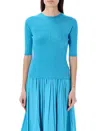 LANVIN TURQUOISE SHORT SLEEVES WOOL, CASHMERE, AND SILK BLEND SWEATER FOR WOMEN
