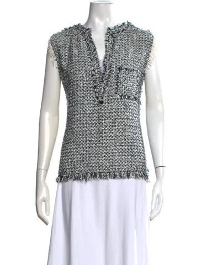 Pre-owned Lanvin Tweed Pattern V-neck Sweater W/ Tags In Blue