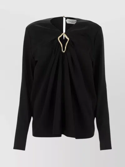 LANVIN V-NECK DRAPED BLOUSE WITH JEWEL BUTTONED CUFFS