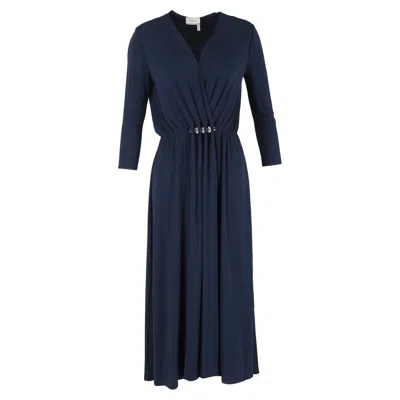 Lanvin V-neck Pleated Long Sleeve Midi Dress In Navy Blue Polyester