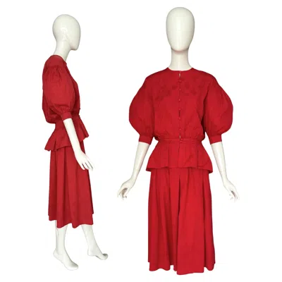 Pre-owned Lanvin Vintage 1980s Two-pieces Red Cotton Blouse/jacket And Skirt Set