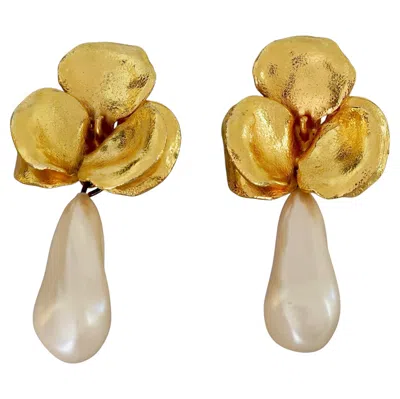 Pre-owned Lanvin Vintage  Paris Flower Teardrop Pearl Dangling Earrings In Multi