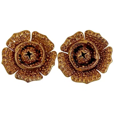 Pre-owned Lanvin Vintage Massive  Paris Flower Citrine Rhinestone Earrings In Brown