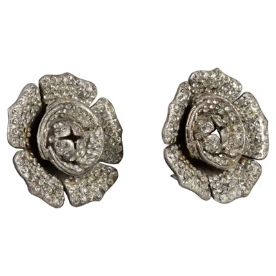 Pre-owned Lanvin Vintage Massive  Paris Flower Rhinestone Silver Earrings In Multi