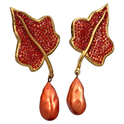 Pre-owned Lanvin Vintage Massive  Paris Jewelled Vine Leaf Pearl Earrings In Multi