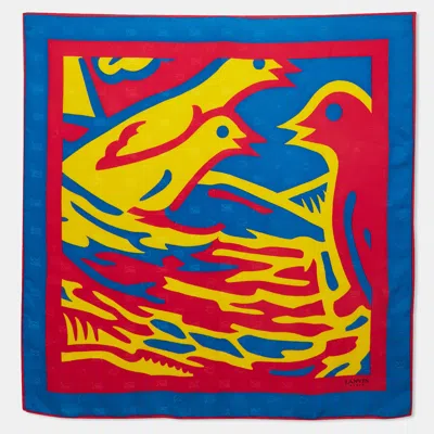 Pre-owned Lanvin Vintage Multicolor Abstract Bird Print Silk Satin Scarf