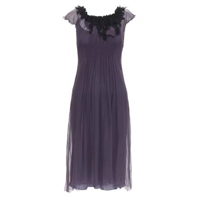 Lanvin Vintage Purple Silk Black Lace Trim Ruched Waist Sheer Dress Fr38 M In Blue