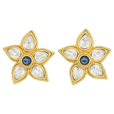 Pre-owned Lanvin Vintage Rare Large Blue Crystals Sapphire Clear Flower Elegant Earrings