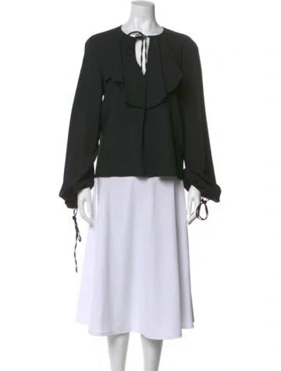 Pre-owned Lanvin Virgin Wool Tie Neck Blouse In Black