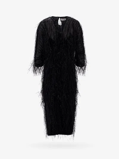 LANVIN VISCOSE AND SILK DRESS WITH RAFIA DETAILS
