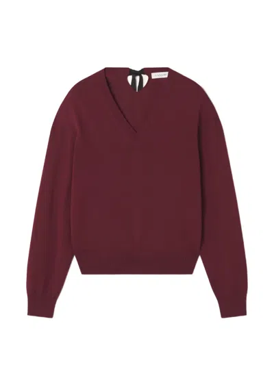 Lanvin V-neck Merino Sweater With Grosgrain Detail In Burgundy