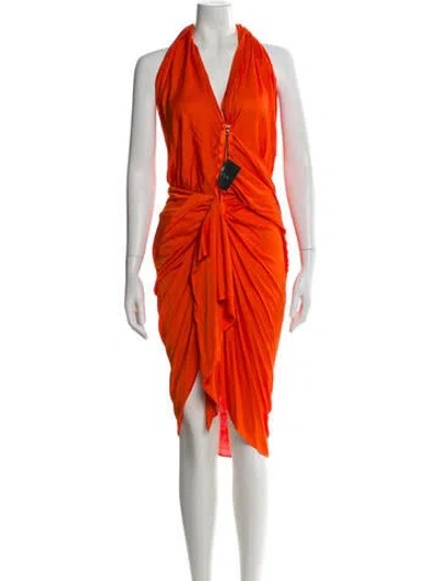 Pre-owned Lanvin V-neck Midi Length Dress In Orange