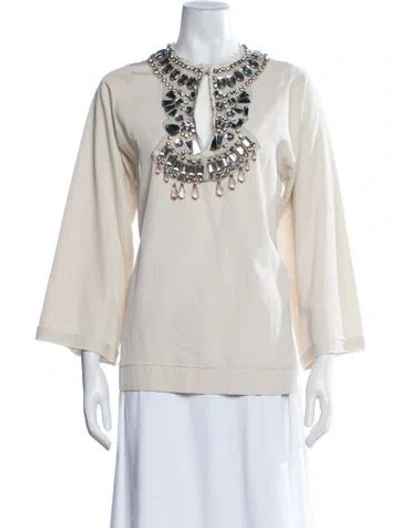 Pre-owned Lanvin V-neck Three-quarter Sleeve Tunic In Neutrals