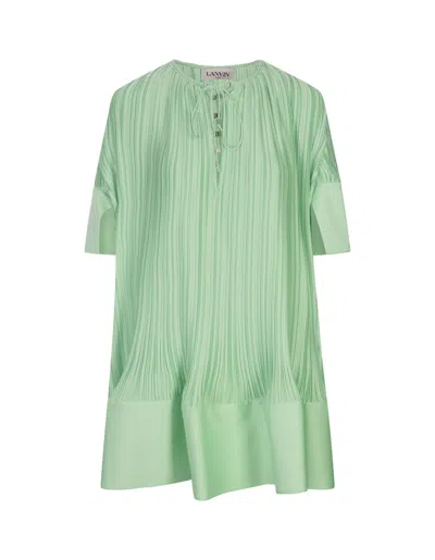 Lanvin Water Blue Pleated Short Dress With Cascade Effect In Green