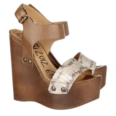 Pre-owned Lanvin Watersnake Wooden Wedge Sandal Eu 39 High Platform Leather Ankle Strap In Brown