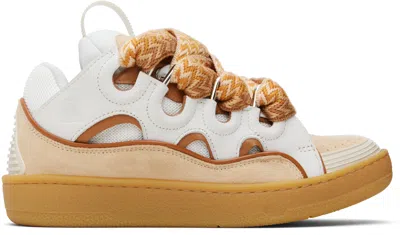 LANVIN WHITE & ORANGE CURB LEATHER SNEAKERS
