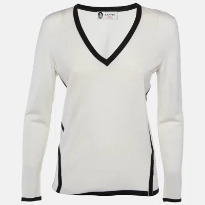 Pre-owned Lanvin White Contrast Trim Wool Knit V-neck Sweater S