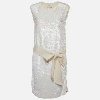Pre-owned Lanvin White Crepe Sequins Crew Neck Mini Dress M