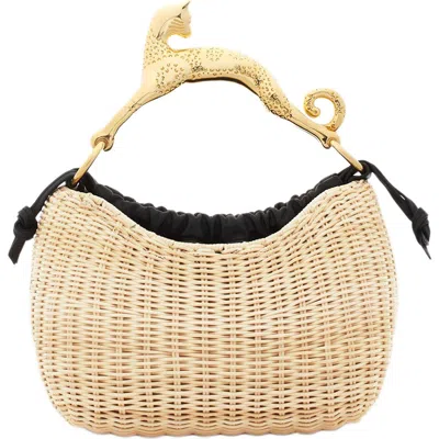 Lanvin Wicker Hobo Cat Bag Sm In Natural-black