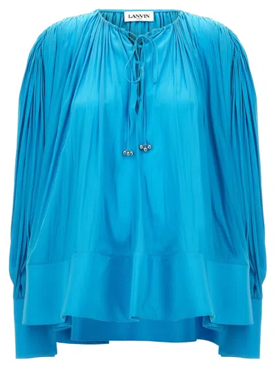 Lanvin V-neck Wide Blouse With Drawstring Detail And Cuffed Sleeves In White