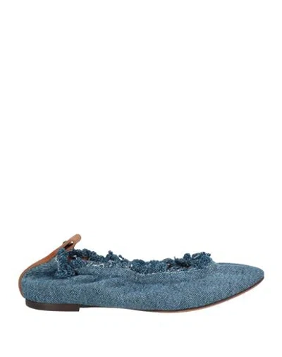 Lanvin Woman Ballet Flats Blue Size 8 Cotton, Calfskin