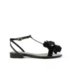 Lanvin Black Patent Leather And Satin Flower Flat Sandals In Black