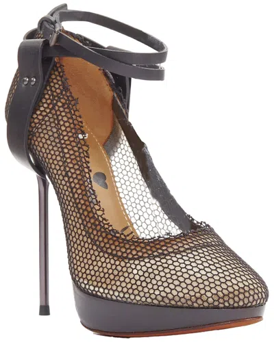 Lanvin Women's Leather Runway Fishnet Mesh Ankle Harness Strap Pin Heels  (authentic Pre-loved) In Black