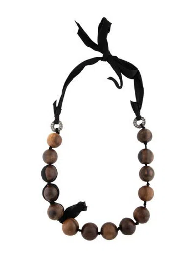 Pre-owned Lanvin Wood & Crystal Beaded Necklace, 60" In Black/brown
