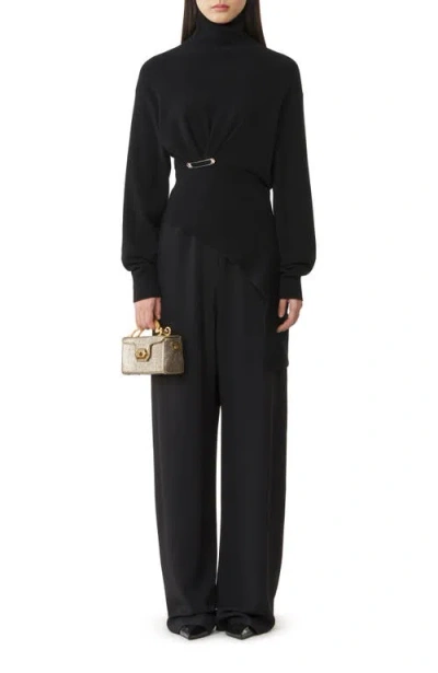 Lanvin Wool Blend Sweater Asymmetric Design Mock Neck In Black