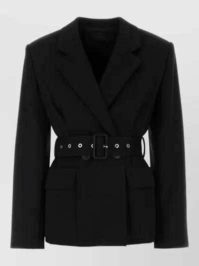 Lanvin Wool Blazer Belted Waist Button Cuffs In Black