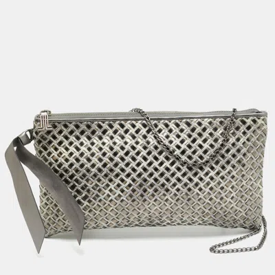 Pre-owned Lanvin Woven Metallic/grey Patent Leather And Suede Chain Clutch In Silver