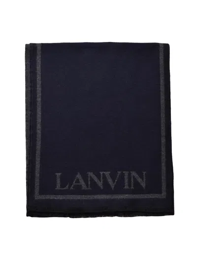 Lanvin Woven Wool Scarf With Geometric Detail And Fringed Edges In Black