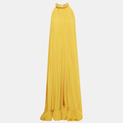 Pre-owned Lanvin Yellow Charmeuse Gathered Asymmetric Tribute Long Dress S