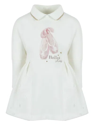 Lapin House Babies' Ballet Shoes Print Cotton Dress In 白色