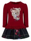 Lapin House Bear Print Peplum-plaid Combined Dress In 红色