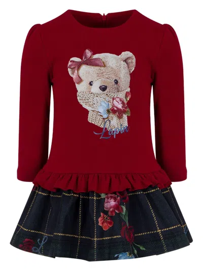 Lapin House Babies' Bear Print Peplum-plaid Combined Dress In 红色