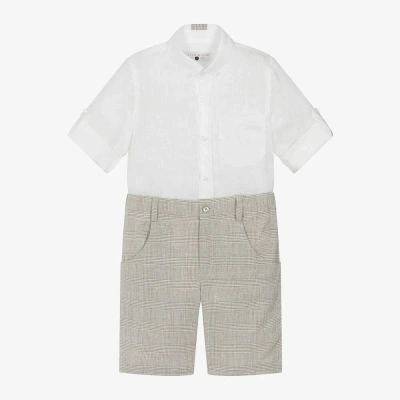 Lapin House Kids' Boys White & Beige Linen Shorts Set