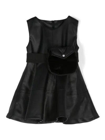 Lapin House Kids' Faux-leather Flared Dress In 黑色