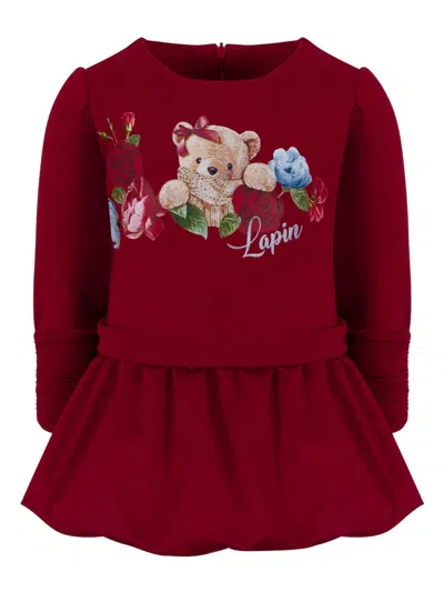 Lapin House Babies' Floral Bear Print Combined Dress In Red