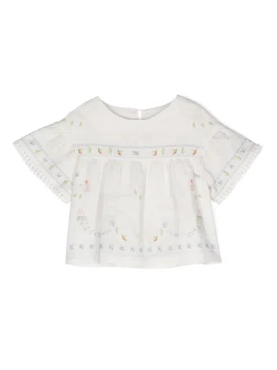 Lapin House Kids' Floral-embroidered Linen Blouse In White
