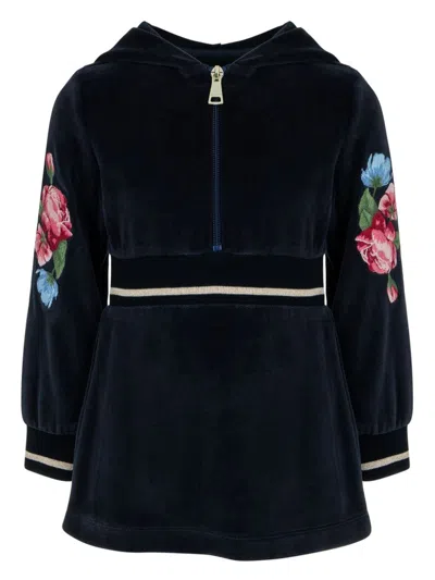 Lapin House Kids' Floral-embroidered Velvet Dress In Blue